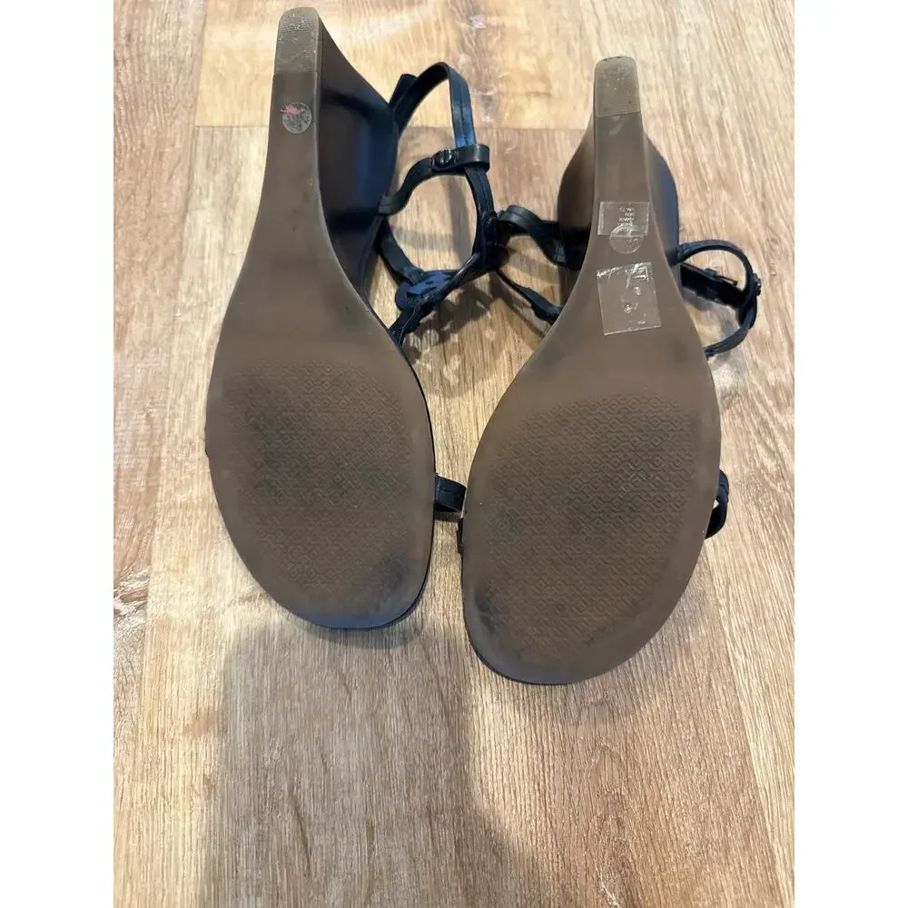 Tory Burch Miller T-Strap Wedge Sandals Black Leather Size 9